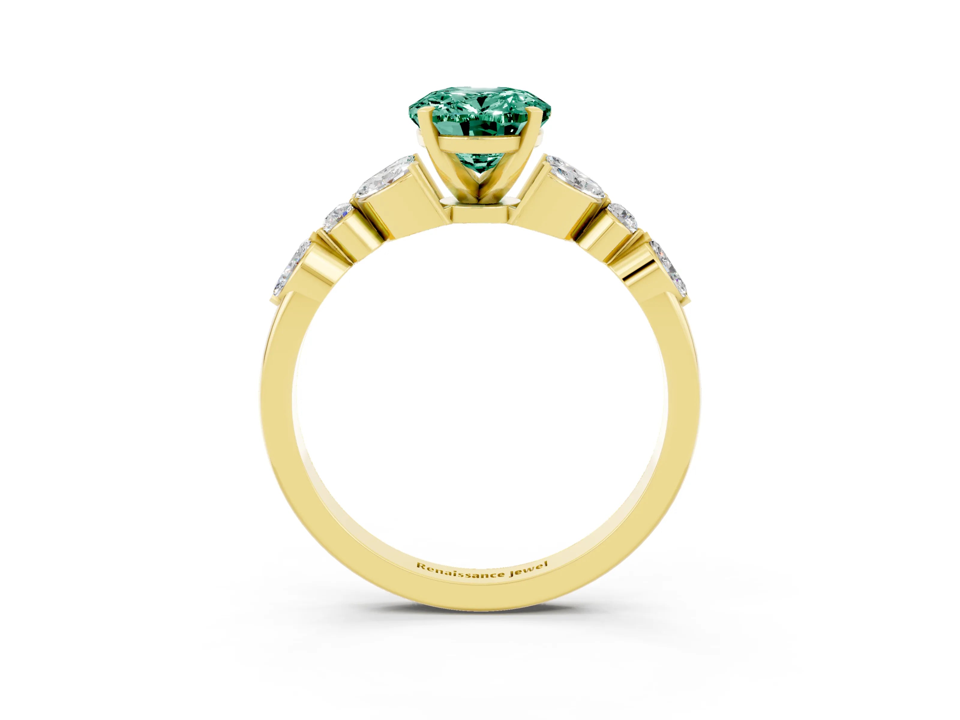 Yellow gold Oval Cut Green Sapphire Solitaire Ring with Side Stones and Four-Prong Setting_15