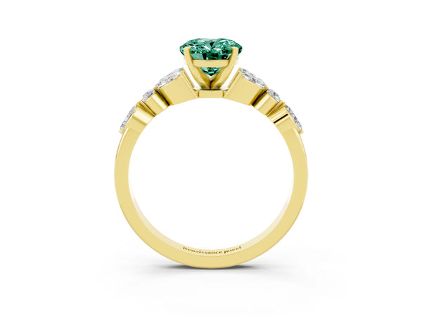Yellow gold Oval Cut Green Sapphire Solitaire Ring with Side Stones and Four-Prong Setting
