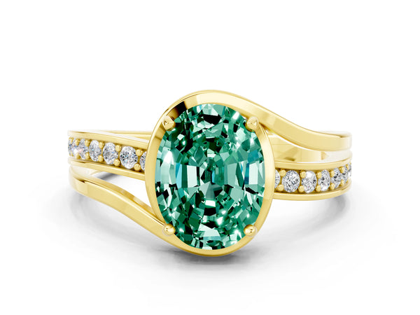 Yellow gold Oval Cut Green Sapphire Solitaire Ring with Split Shank and Prong Setting
