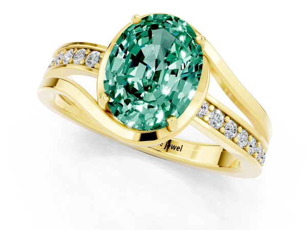 Yellow gold Oval Cut Green Sapphire Solitaire Ring with Split Shank and Prong Setting