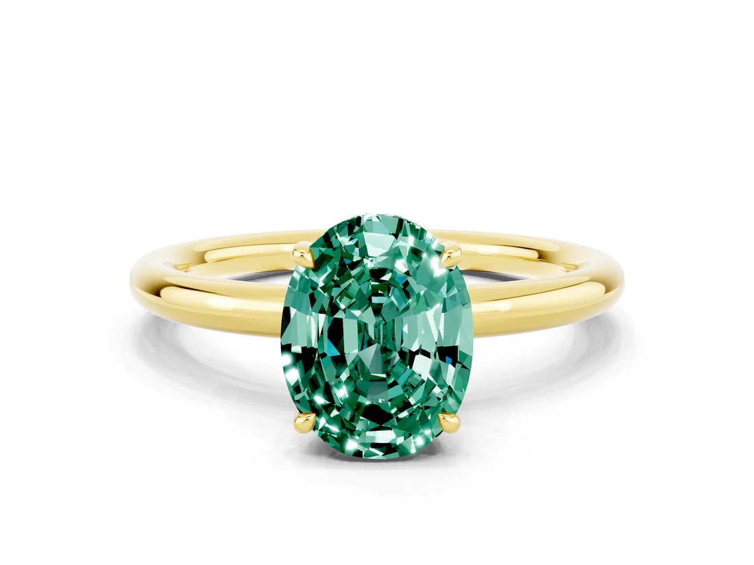 Yellow gold Oval Cut Green Sapphire Solitaire Ring with Thin Band and Four-Prong Setting_12