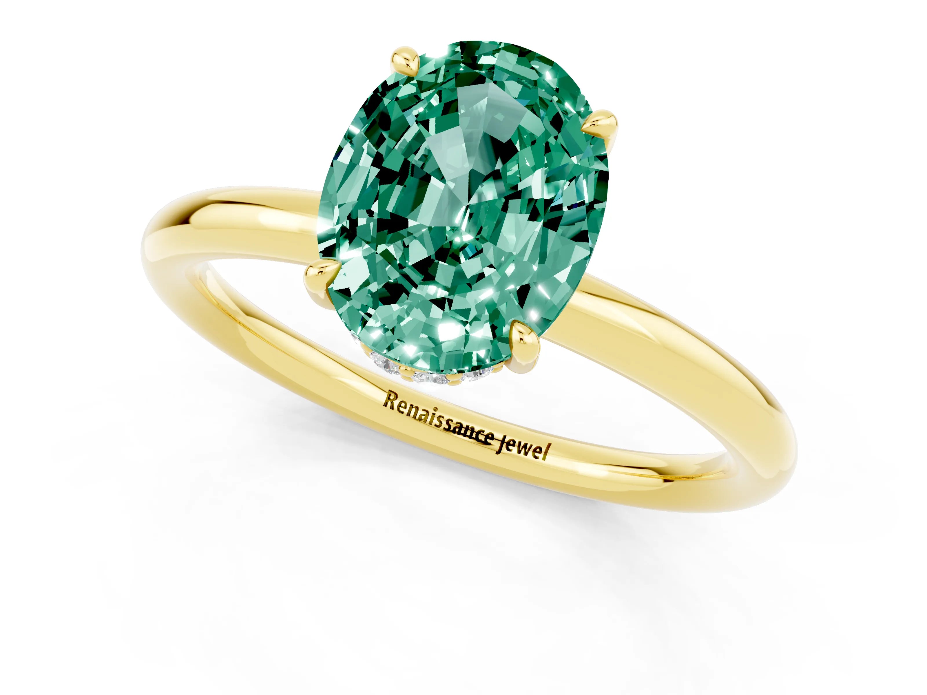 Yellow gold Oval Cut Green Sapphire Solitaire Ring with Thin Band and Four-Prong Setting_13