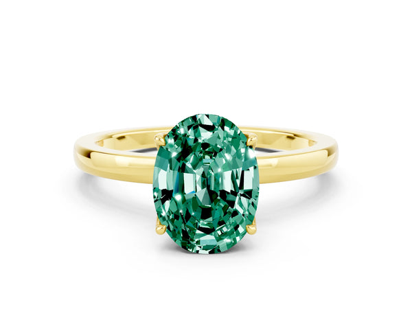 Yellow gold Oval Cut Green Sapphire Solitaire Ring with Thin Band and Prong Setting