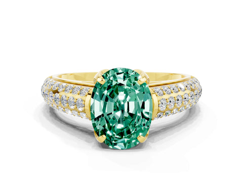 Yellow gold Oval Cut Green Sapphire Solitaire Ring with Three-Row Pavé Band and Four-Prong Setting_12