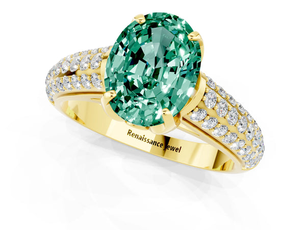 Yellow gold Oval Cut Green Sapphire Solitaire Ring with Three-Row Pavé Band and Four-Prong Setting