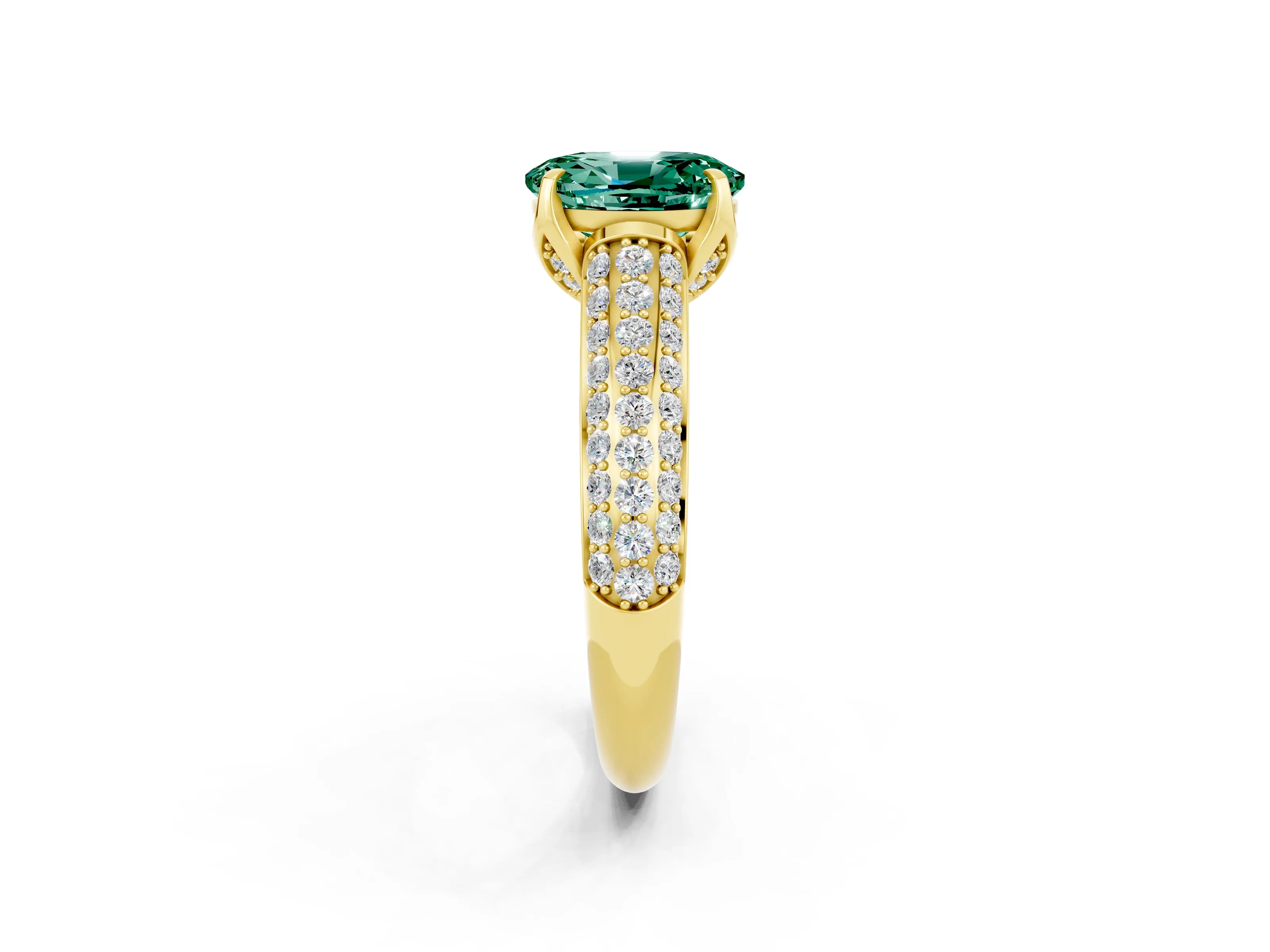 Yellow gold Oval Cut Green Sapphire Solitaire Ring with Three-Row Pavé Band and Four-Prong Setting_14
