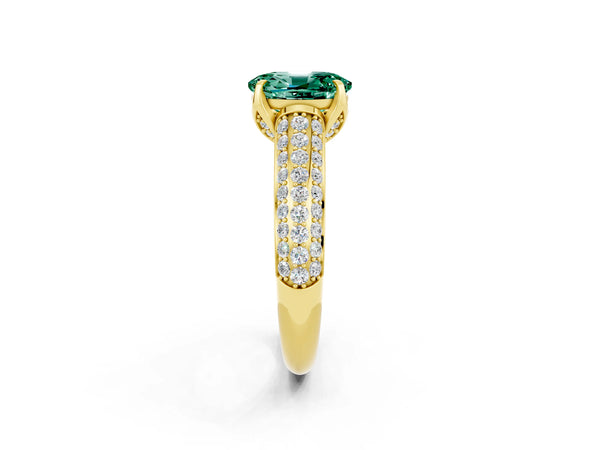 Yellow gold Oval Cut Green Sapphire Solitaire Ring with Three-Row Pavé Band and Four-Prong Setting