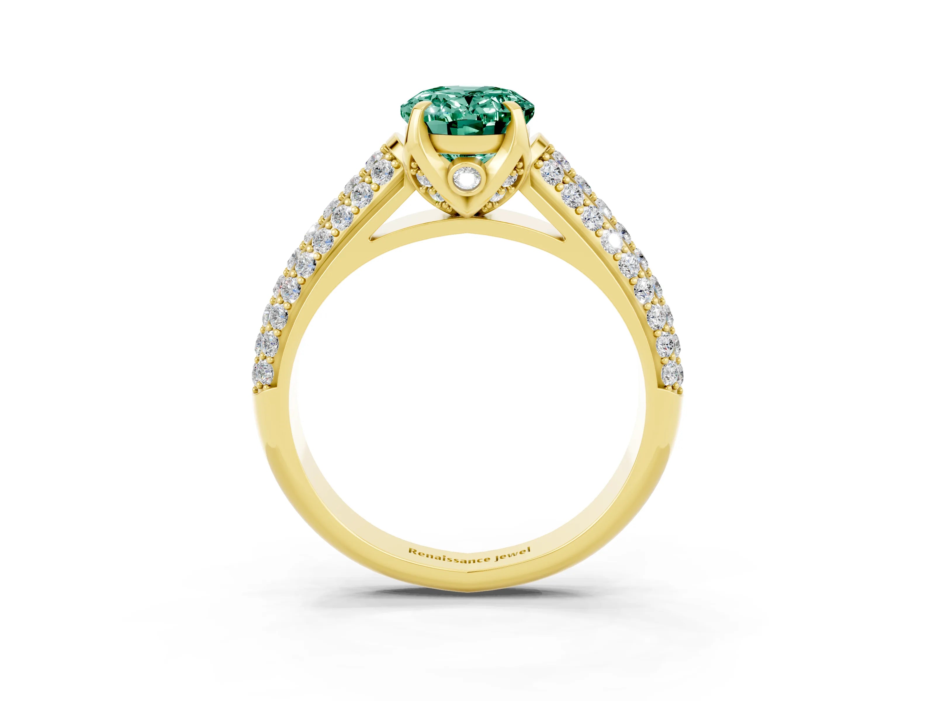 Yellow gold Oval Cut Green Sapphire Solitaire Ring with Three-Row Pavé Band and Four-Prong Setting_15