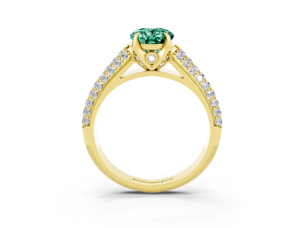 Yellow gold Oval Cut Green Sapphire Solitaire Ring with Three-Row Pavé Band and Four-Prong Setting