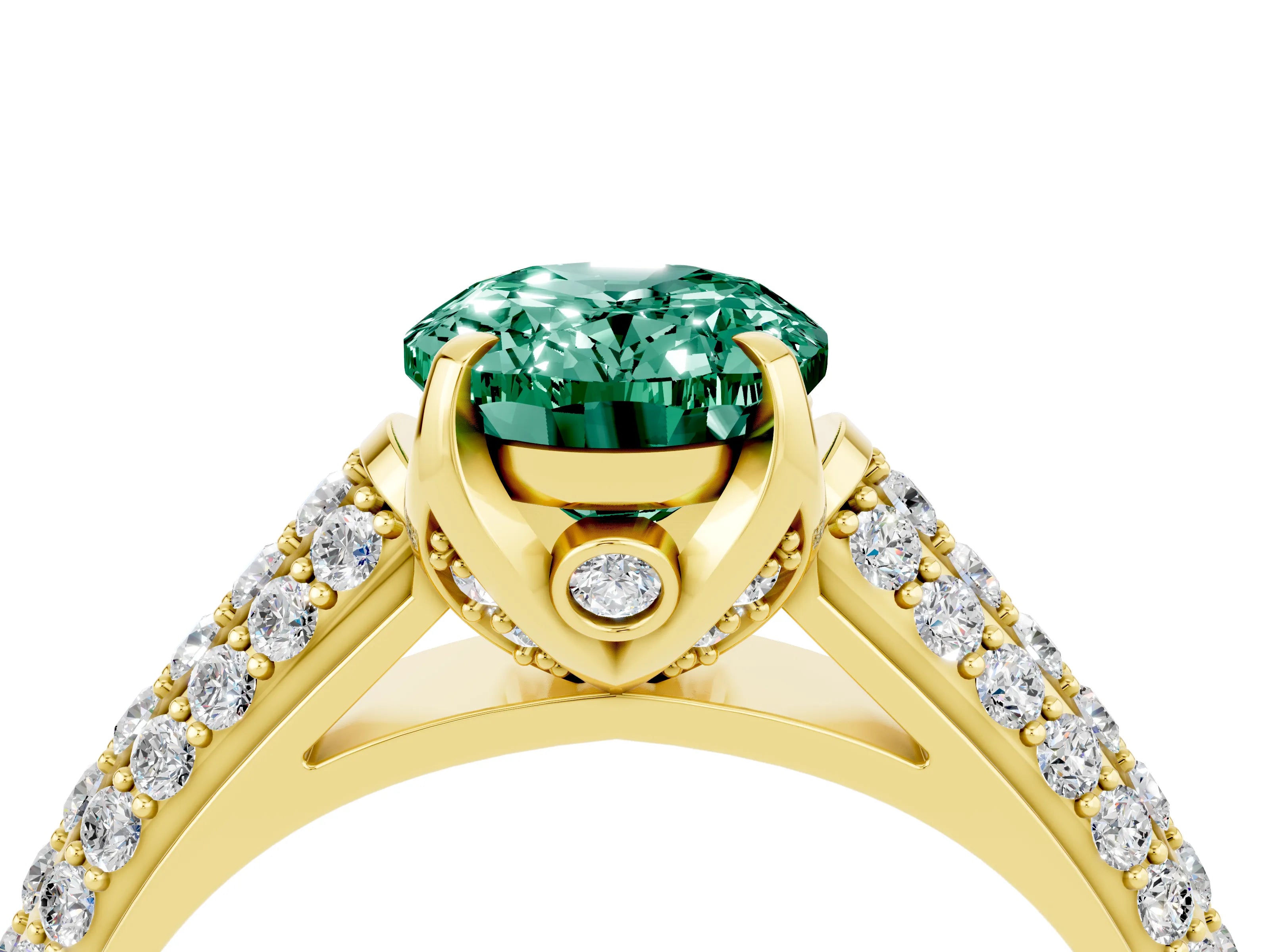 Yellow gold Oval Cut Green Sapphire Solitaire Ring with Three-Row Pavé Band and Four-Prong Setting_16