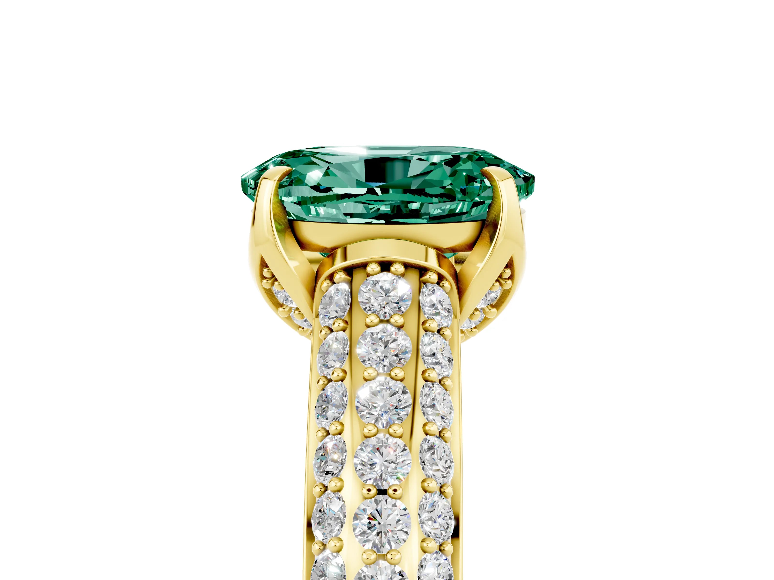 Yellow gold Oval Cut Green Sapphire Solitaire Ring with Three-Row Pavé Band and Four-Prong Setting_17