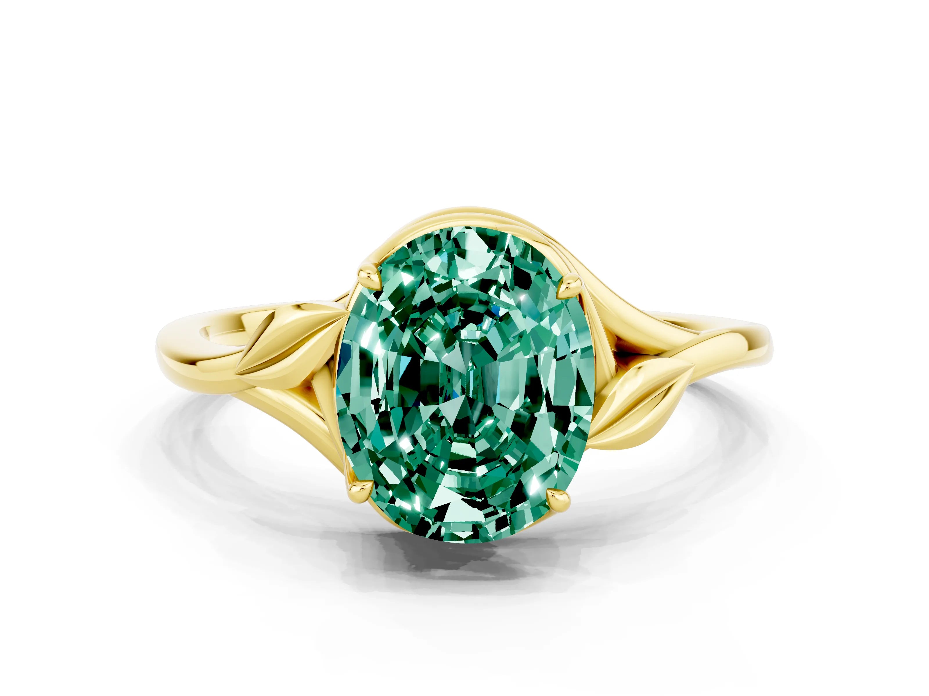 Yellow gold Oval Cut Green Sapphire Solitaire Ring with Twist Band and Four-Prong Setting_24