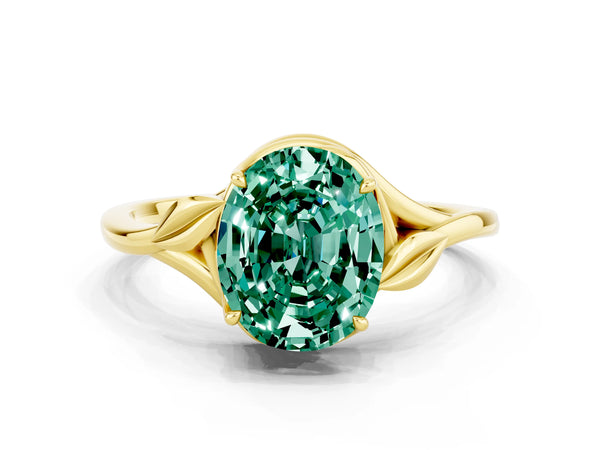 Yellow gold Oval Cut Green Sapphire Solitaire Ring with Twist Band and Four-Prong Setting