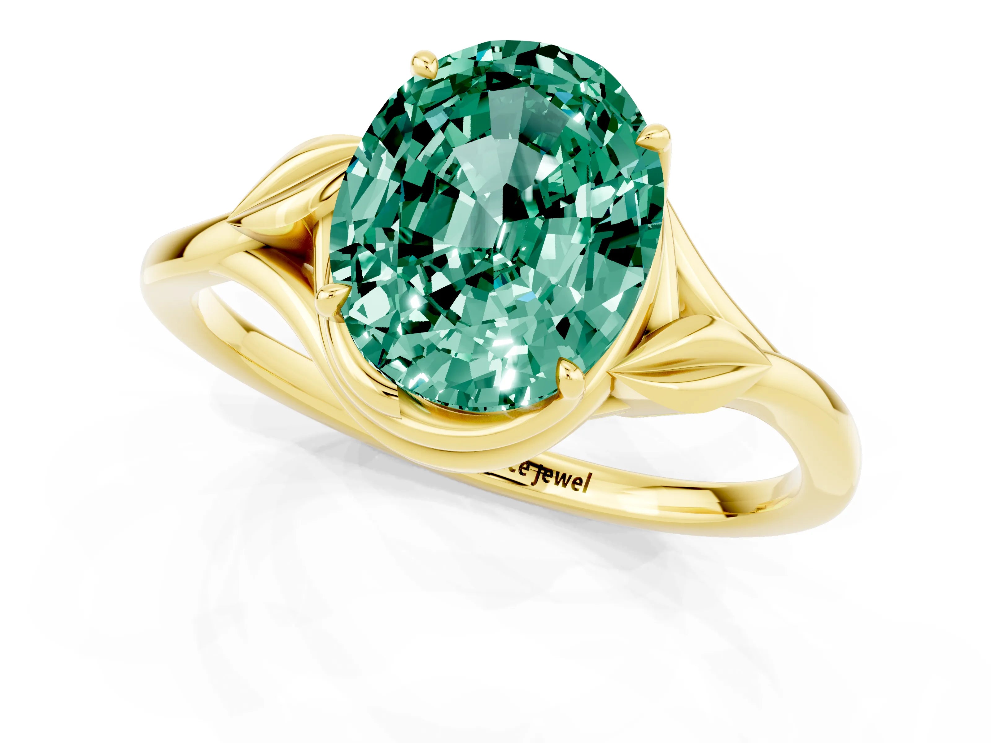 Yellow gold Oval Cut Green Sapphire Solitaire Ring with Twist Band and Four-Prong Setting_25