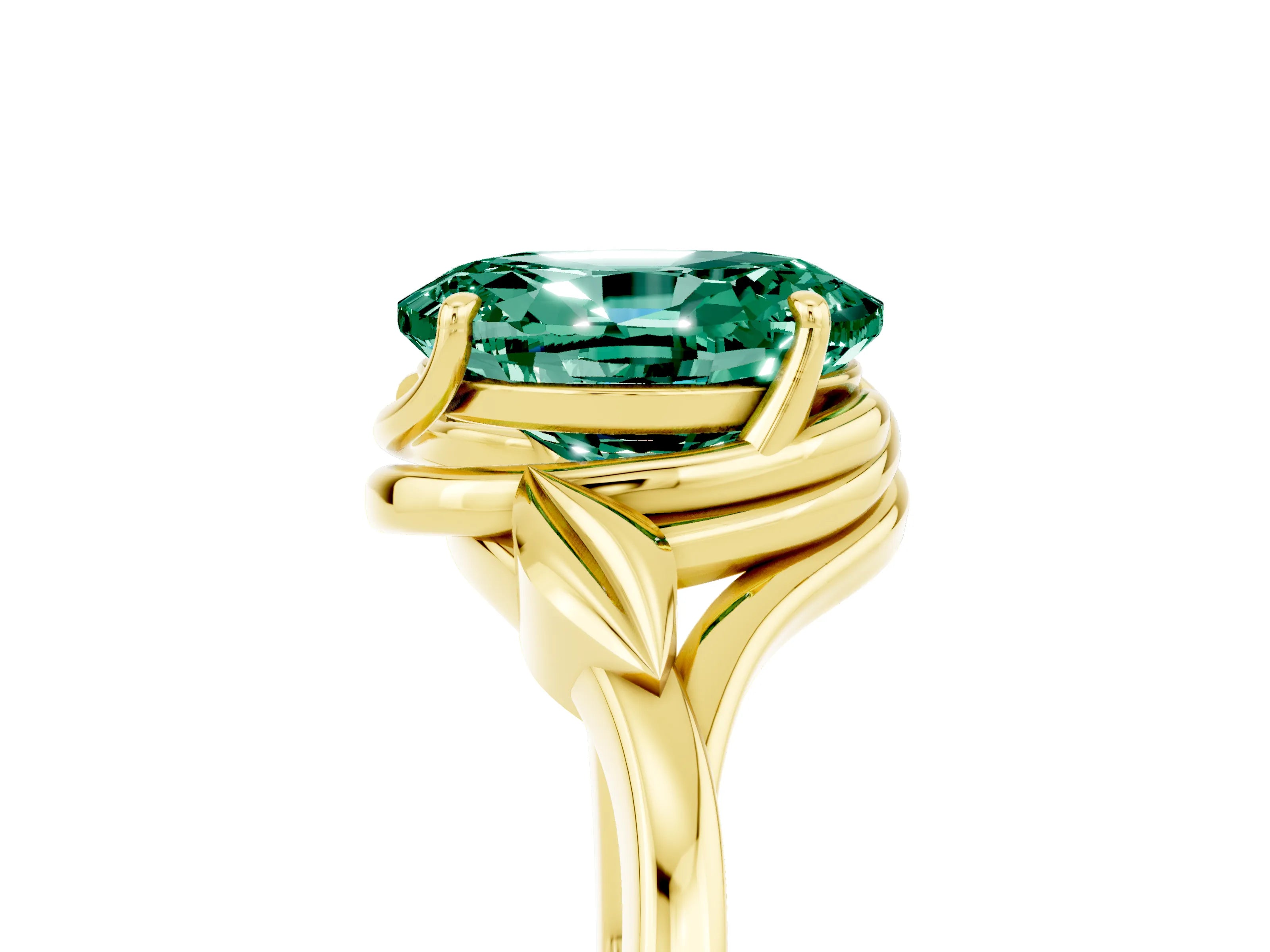 Yellow gold Oval Cut Green Sapphire Solitaire Ring with Twist Band and Four-Prong Setting_29