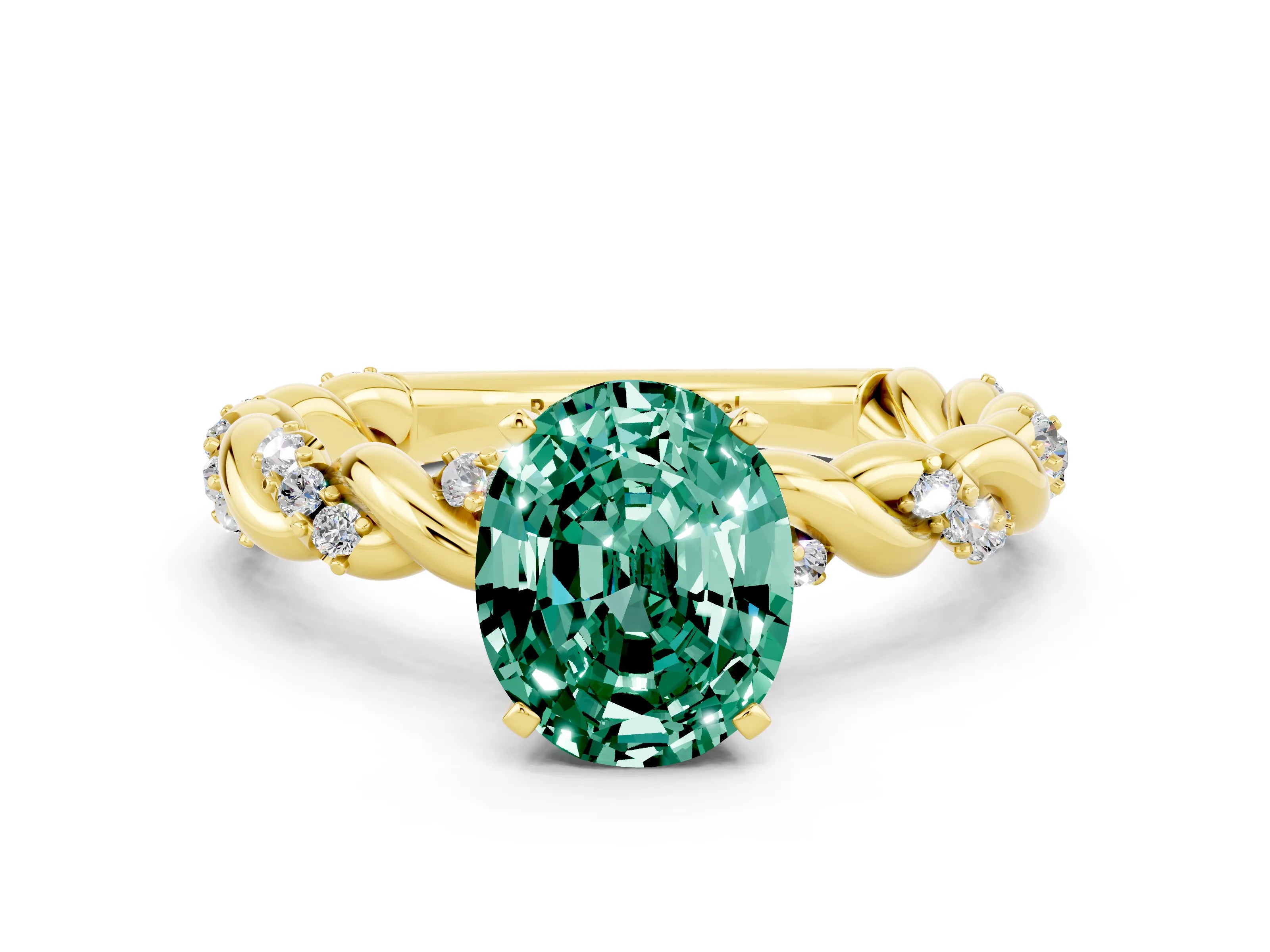 Yellow gold Oval Cut Green Sapphire Solitaire Ring with Twisted Band and Pavé Accents