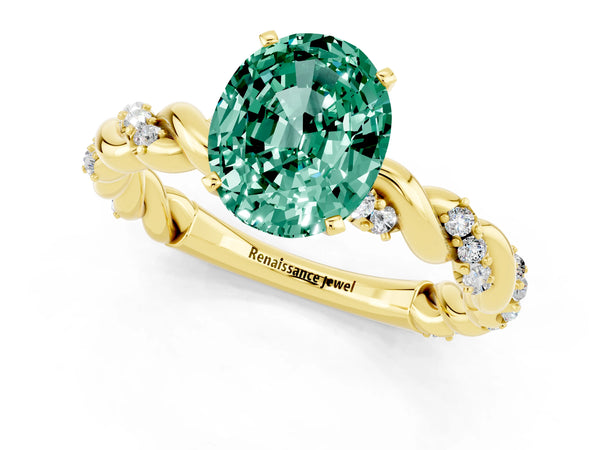 Yellow gold Oval Cut Green Sapphire Solitaire Ring with Twisted Band and Pavé Accents