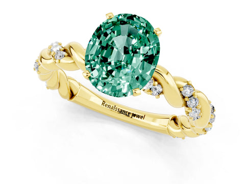 Yellow gold Oval Cut Green Sapphire Solitaire Ring with Twisted Band and Pavé Accents_1