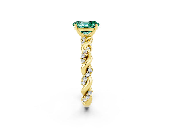 Yellow gold Oval Cut Green Sapphire Solitaire Ring with Twisted Band and Pavé Accents