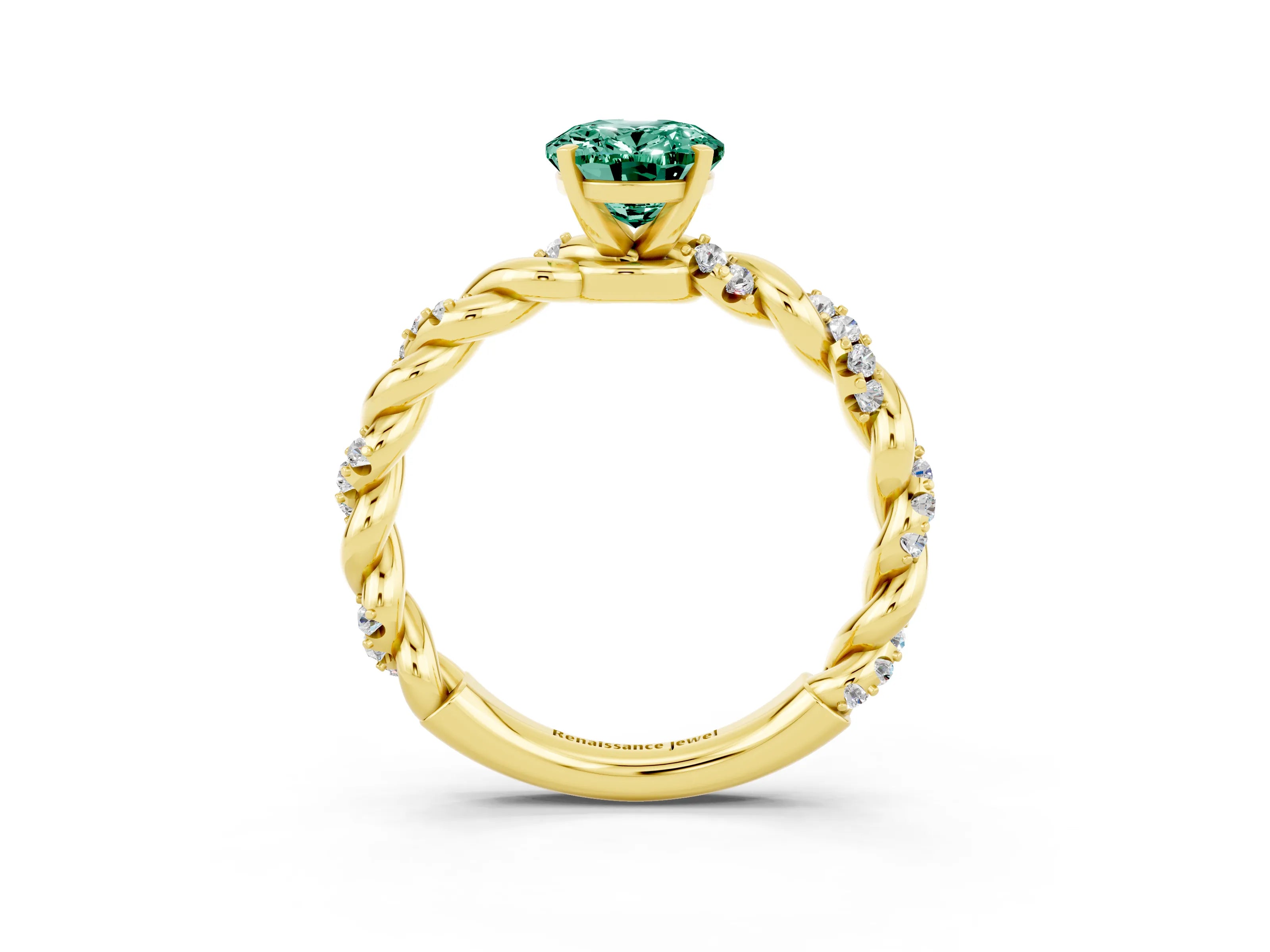 Yellow gold Oval Cut Green Sapphire Solitaire Ring with Twisted Band and Pavé Accents_3