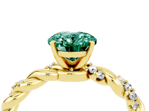Yellow gold Oval Cut Green Sapphire Solitaire Ring with Twisted Band and Pavé Accents_4