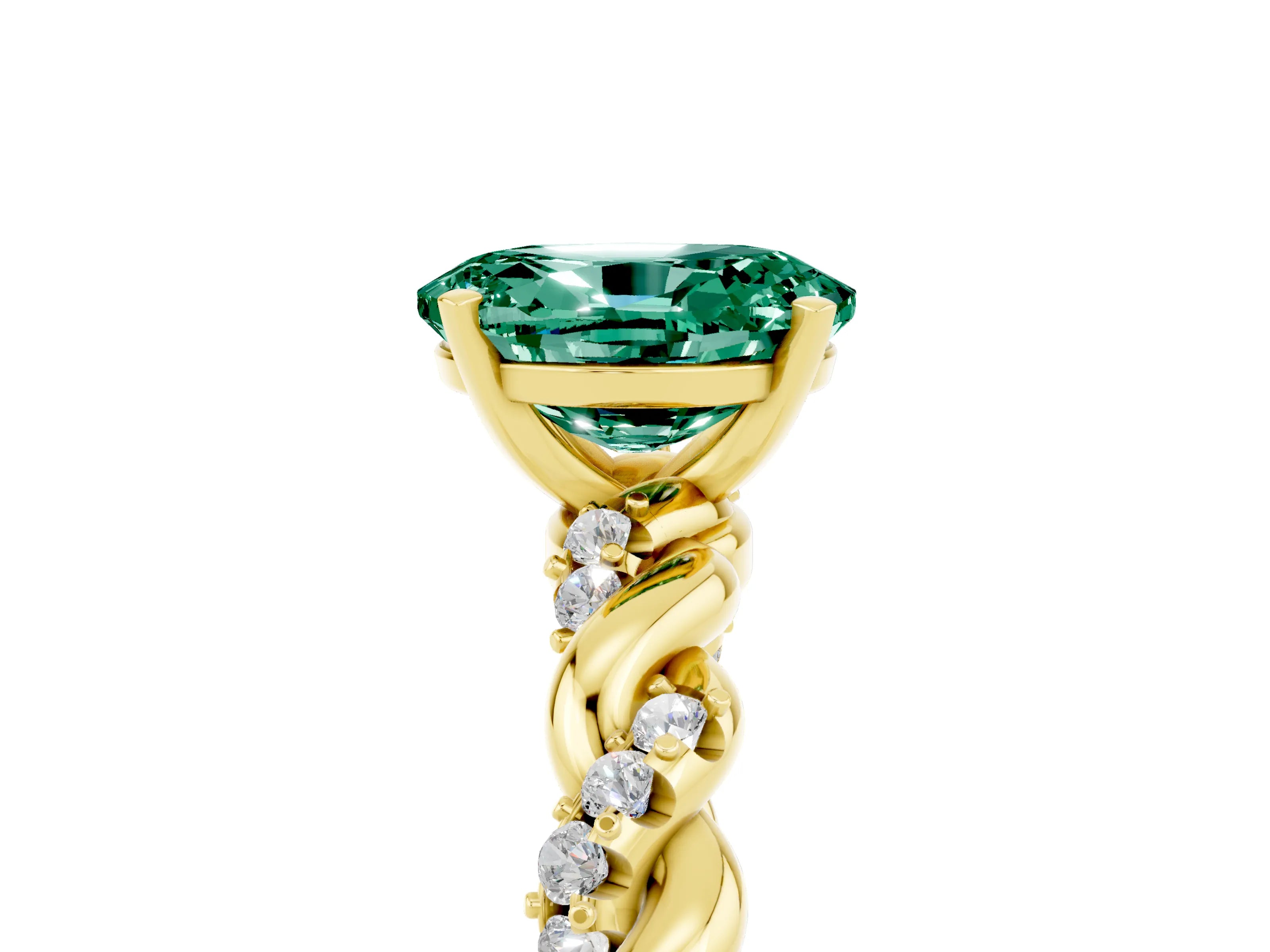 Yellow gold Oval Cut Green Sapphire Solitaire Ring with Twisted Band and Pavé Accents_5