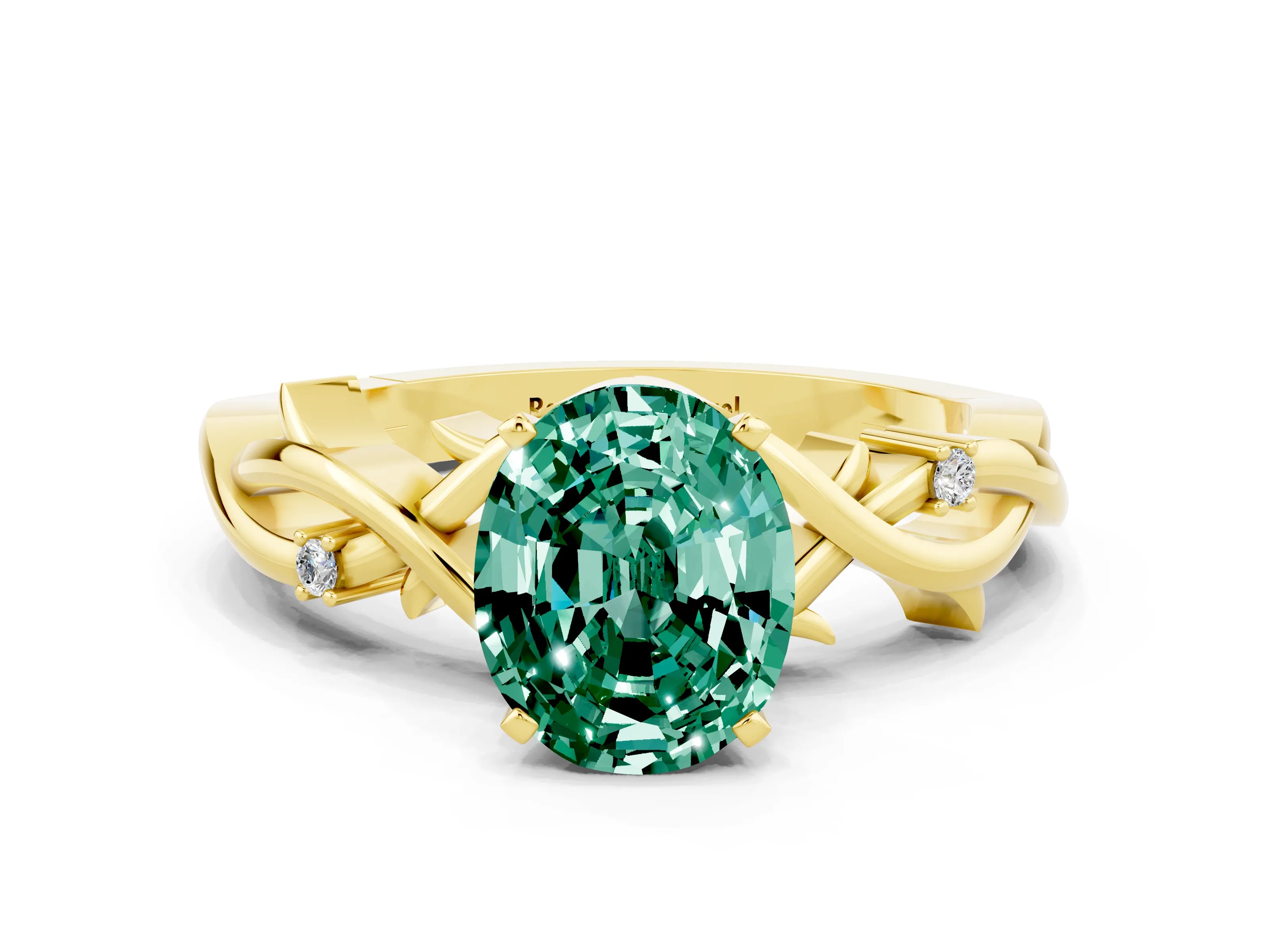 Yellow gold Oval Cut Green Sapphire Solitaire Ring with Twisted Band and Prong Setting