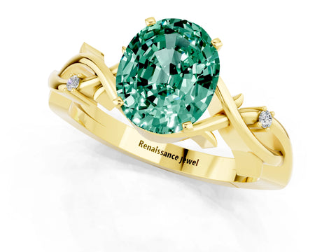 Yellow gold Oval Cut Green Sapphire Solitaire Ring with Twisted Band and Prong Setting_1