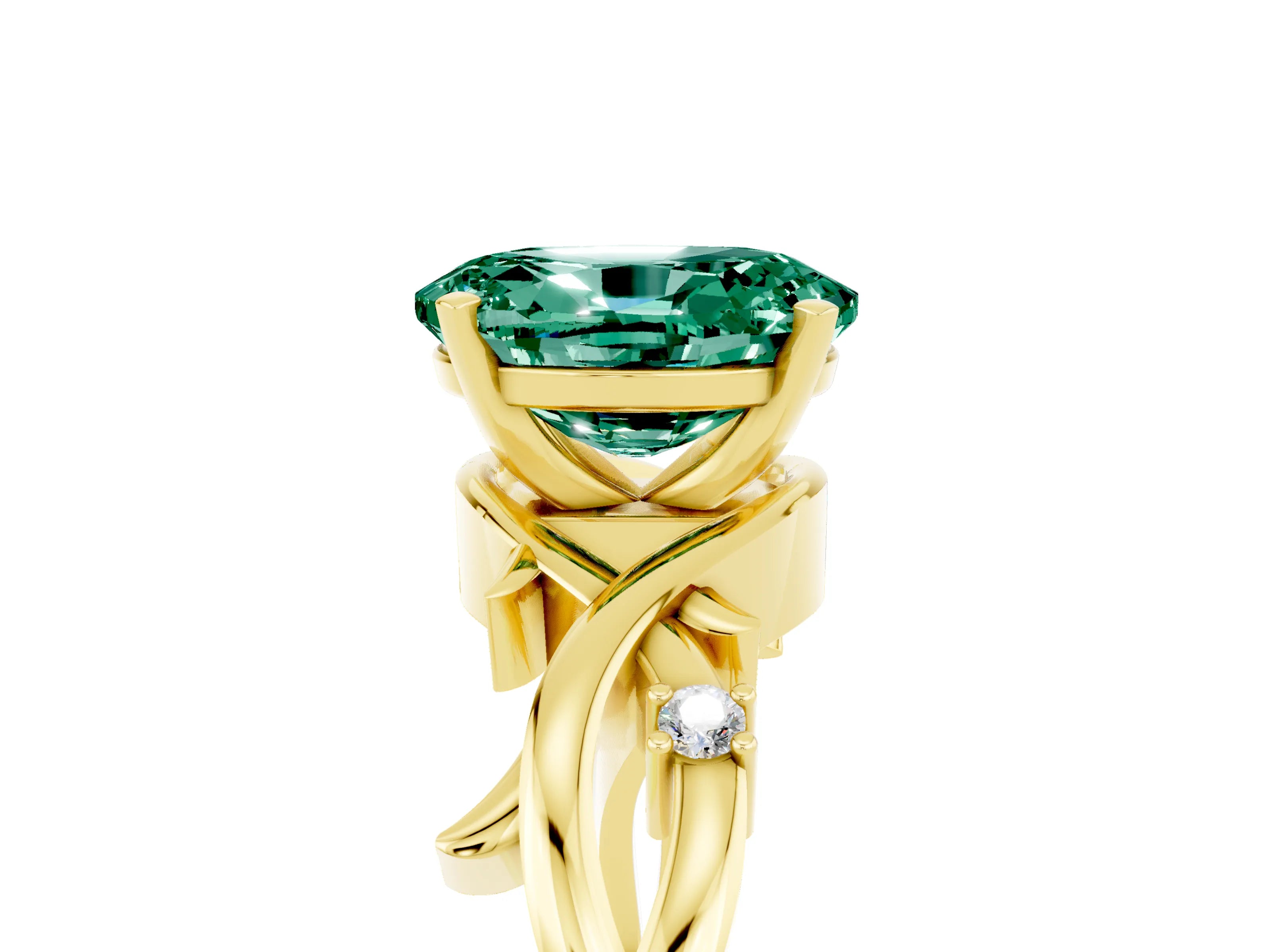Yellow gold Oval Cut Green Sapphire Solitaire Ring with Twisted Band and Prong Setting_5