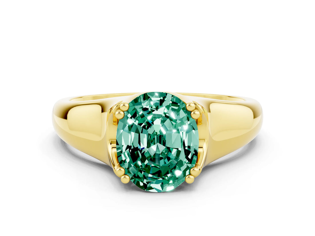 Yellow gold Oval Cut Green Sapphire Solitaire Ring with Wide Band and Prong Setting