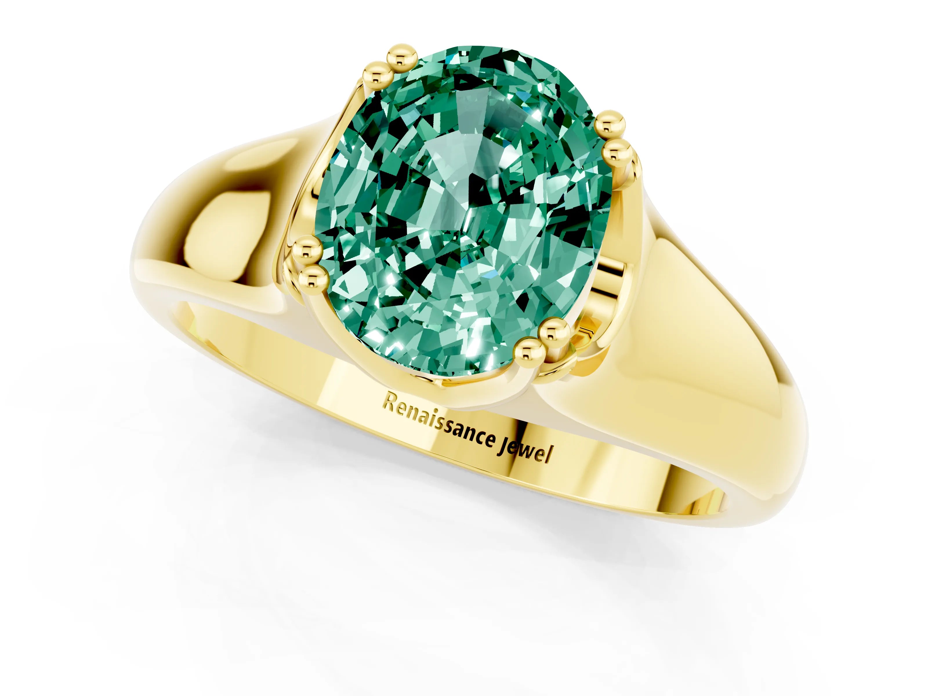 Yellow gold Oval Cut Green Sapphire Solitaire Ring with Wide Band and Prong Setting_1