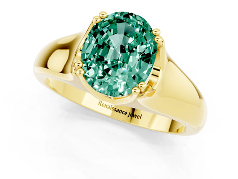 Yellow gold Oval Cut Green Sapphire Solitaire Ring with Wide Band and Prong Setting_1