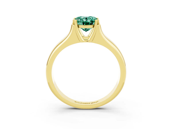 Yellow gold Oval Cut Green Sapphire Solitaire Ring with Wide Band and Prong Setting