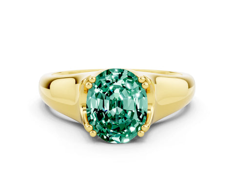 Yellow gold Oval Cut Green Sapphire Solitaire Ring with Wide Band and Prong Setting