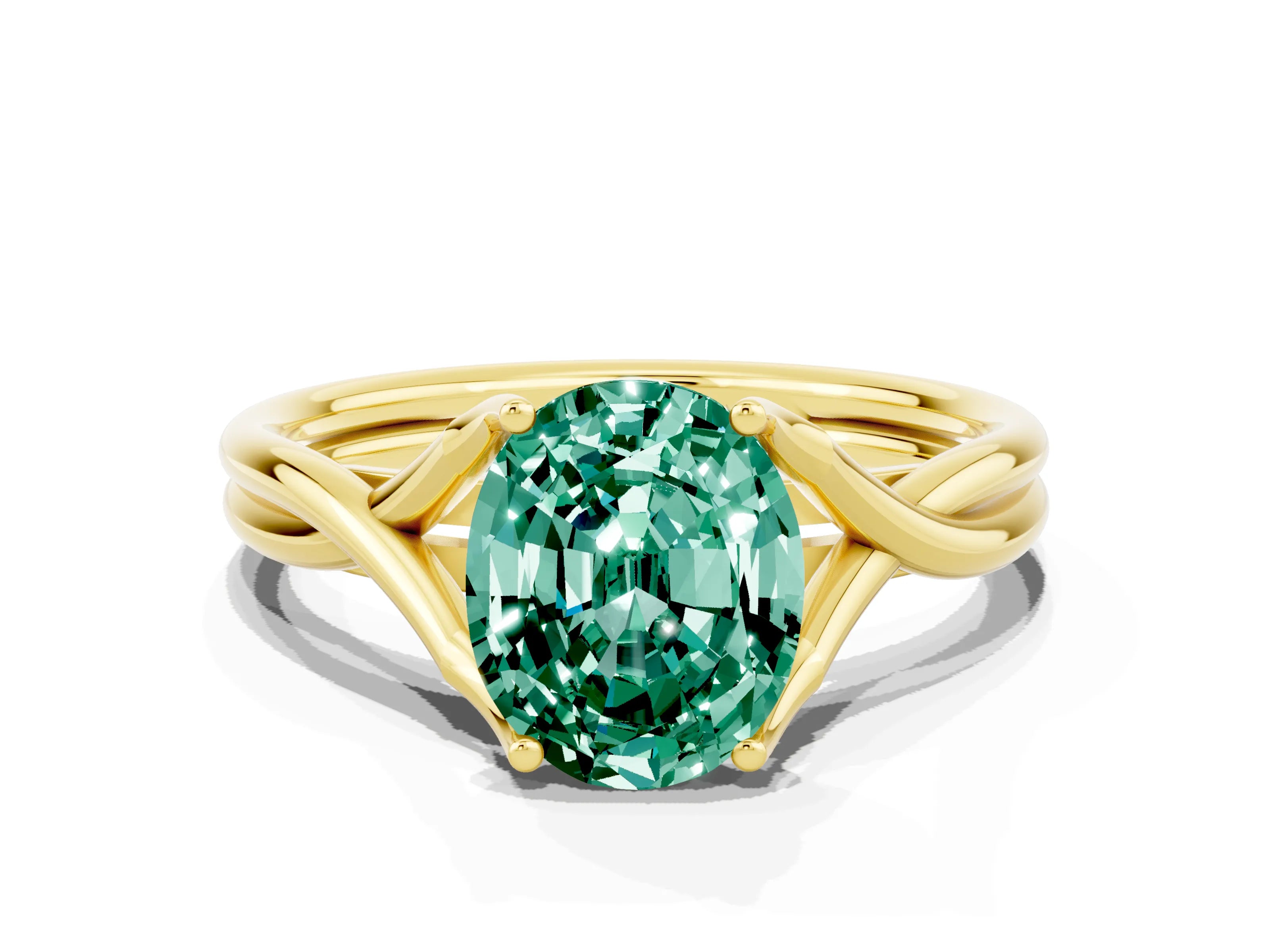 Yellow gold Oval Cut Green Sapphire Solitaire Twist Band Prong Setting Ring_48