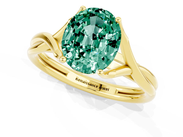 Yellow gold Oval Cut Green Sapphire Solitaire Twist Band Prong Setting Ring