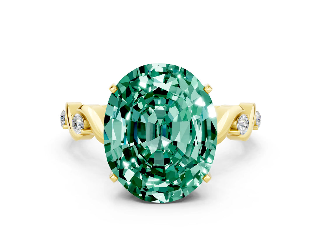 Yellow gold Oval Cut Green Sapphire Solitaire Twisted Band with Round  Accents and Prong Setting_12