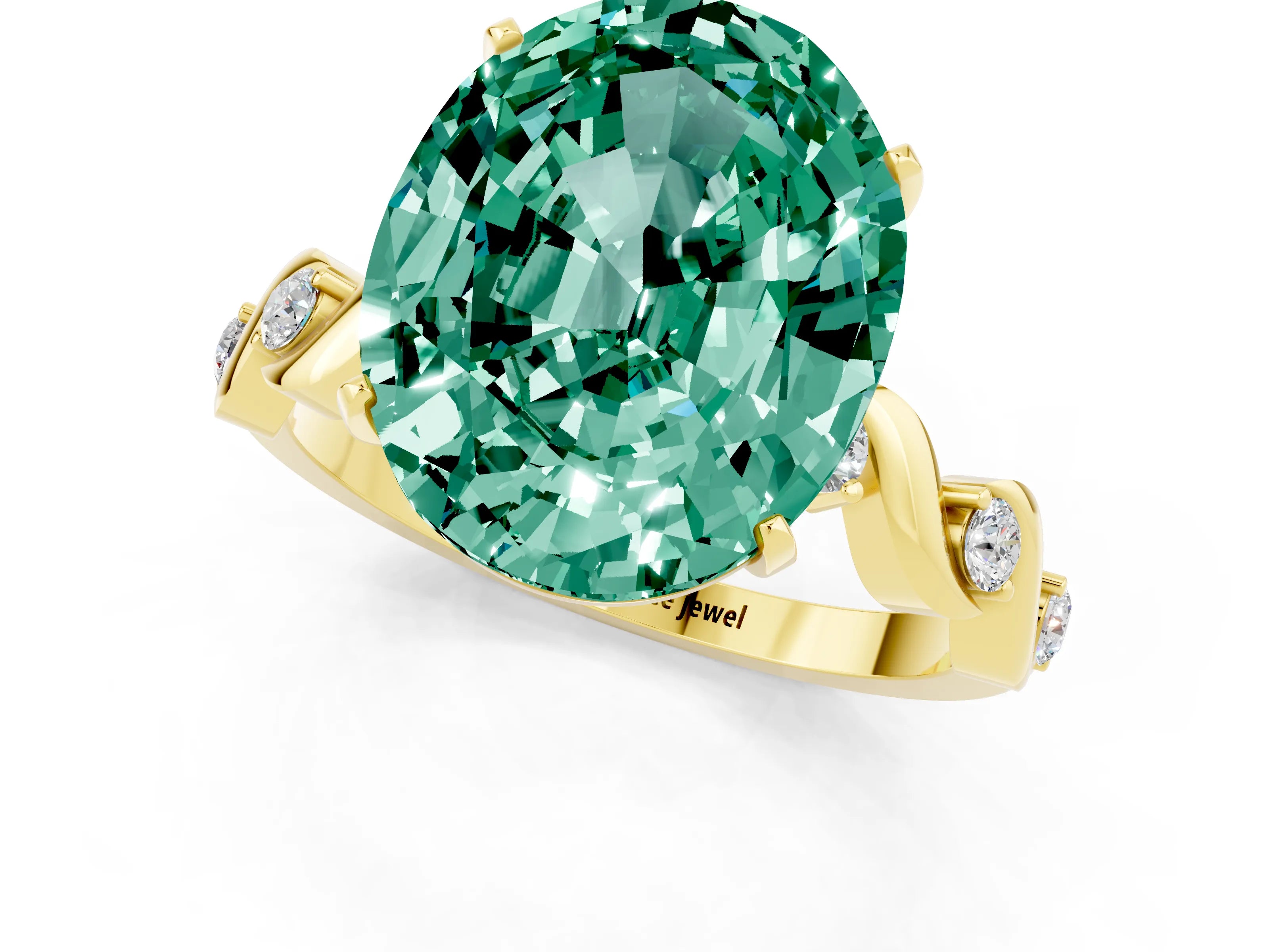 Yellow gold Oval Cut Green Sapphire Solitaire Twisted Band with Round  Accents and Prong Setting_13