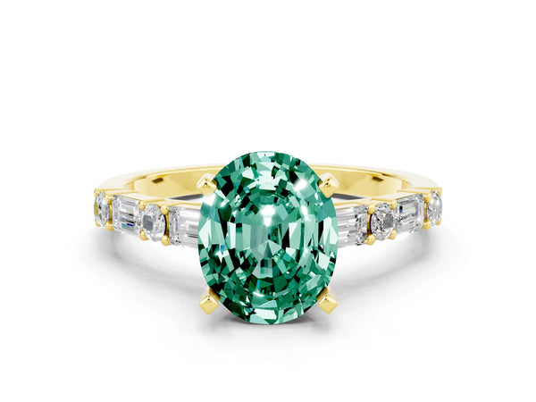 Yellow gold Oval Cut Green Sapphire Solitaire with Side Baguettes and Channel Set Band