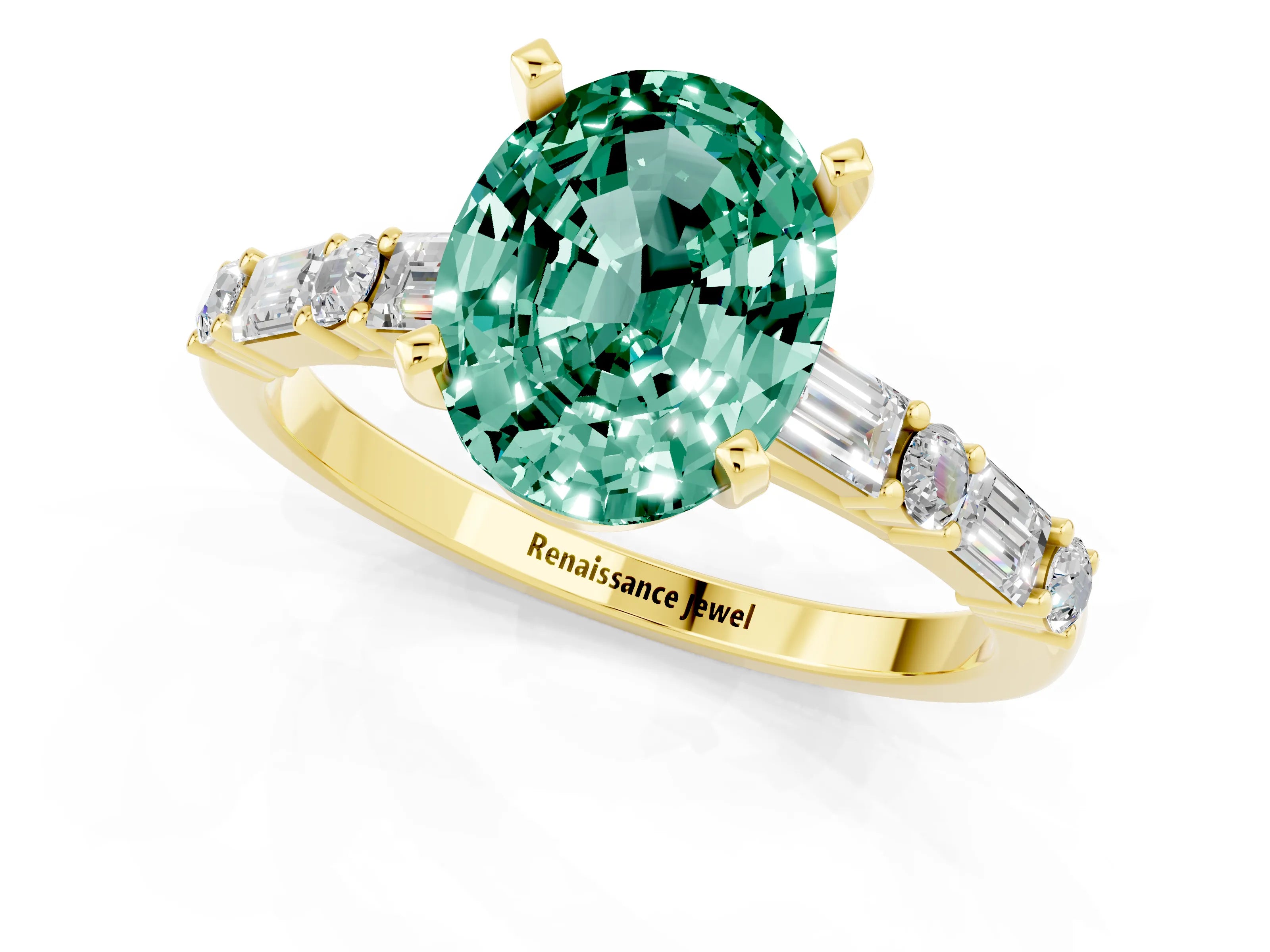 Yellow gold Oval Cut Green Sapphire Solitaire with Side Baguettes and Channel Set Band_1