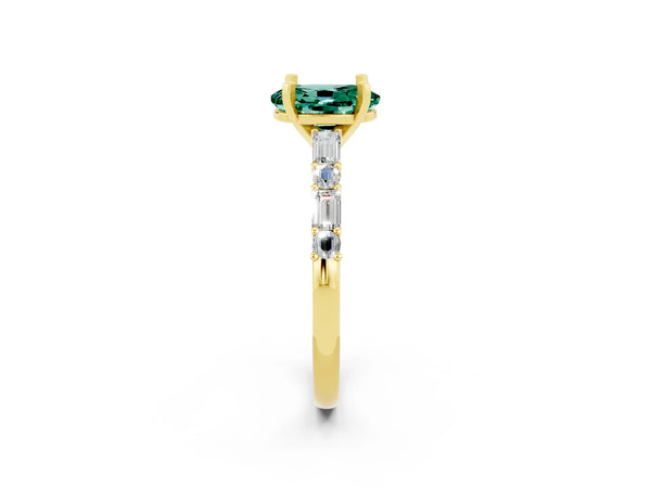 Yellow gold Oval Cut Green Sapphire Solitaire with Side Baguettes and Channel Set Band