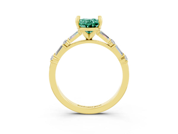 Yellow gold Oval Cut Green Sapphire Solitaire with Side Baguettes and Channel Set Band