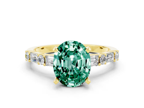 Yellow gold Oval Cut Green Sapphire Solitaire with Side Baguettes and Channel Set Band