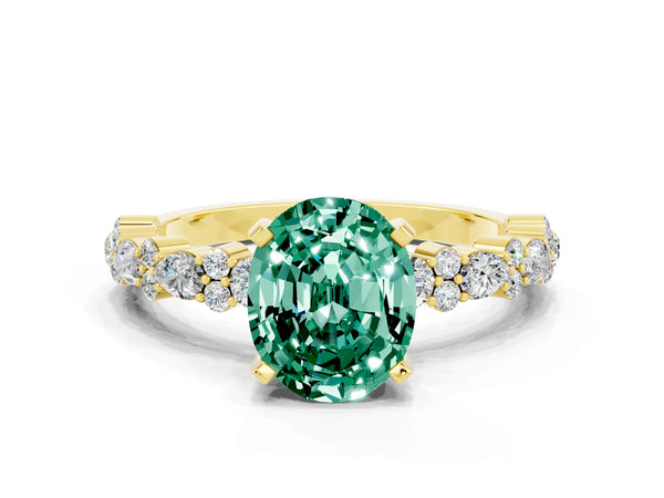 Yellow gold Oval Cut Green Sapphire Side Stone Solitaire Ring with Round  and Four-Prong Setting