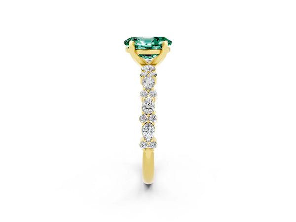 Yellow gold Oval Cut Green Sapphire Side Stone Solitaire Ring with Round  and Four-Prong Setting