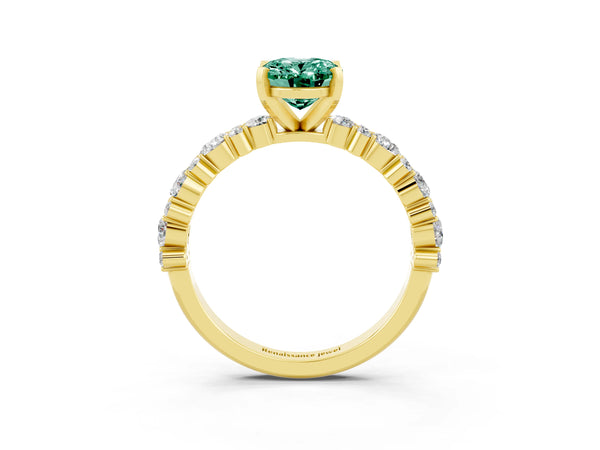 Yellow gold Oval Cut Green Sapphire Side Stone Solitaire Ring with Round  and Four-Prong Setting