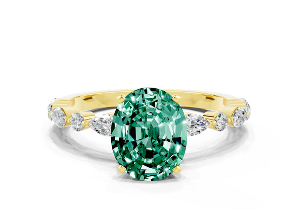 Yellow gold Oval Cut Green Sapphire Ring with Marquise and Round  Side Stones and Four-Prong Setting