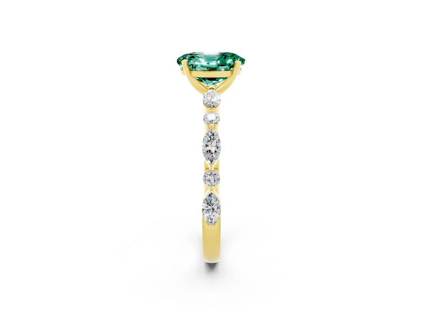 Yellow gold Oval Cut Green Sapphire Ring with Marquise and Round  Side Stones and Four-Prong Setting