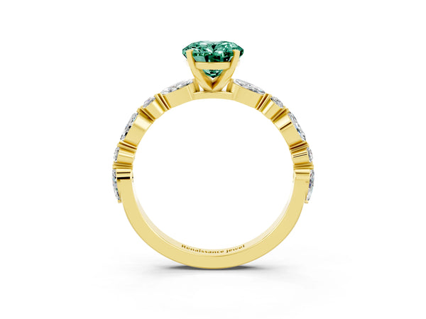 Yellow gold Oval Cut Green Sapphire Ring with Marquise and Round  Side Stones and Four-Prong Setting