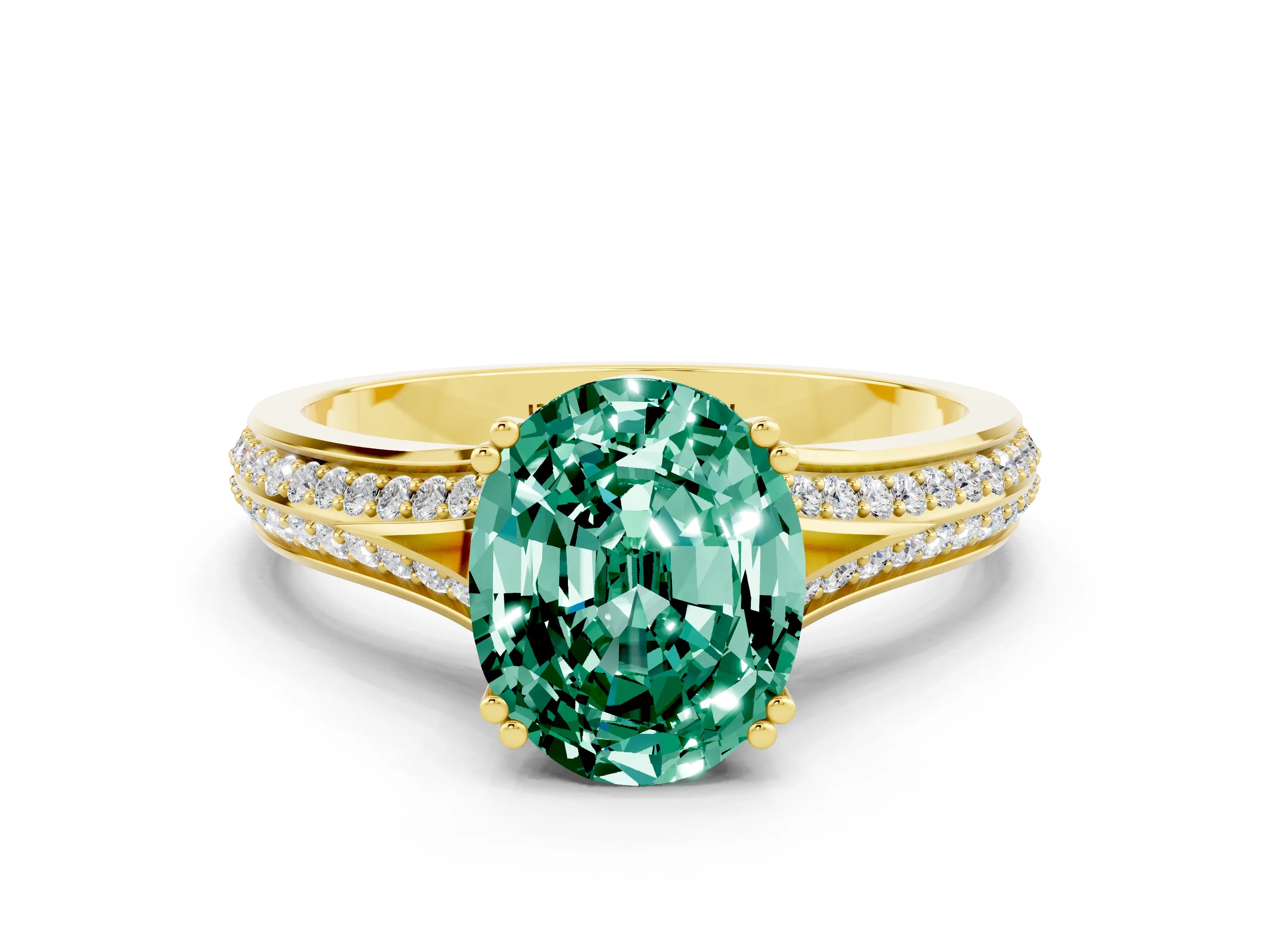 Yellow gold Oval Cut Green Sapphire Split Shank Engagement Ring with Pavé Band